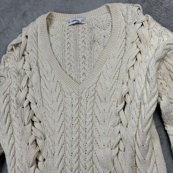 Zara Cream Cable Knit Sweater Lace Up Ribbon Detail Long Sleeve Chunky Preppy S - Picture 5 of 9
